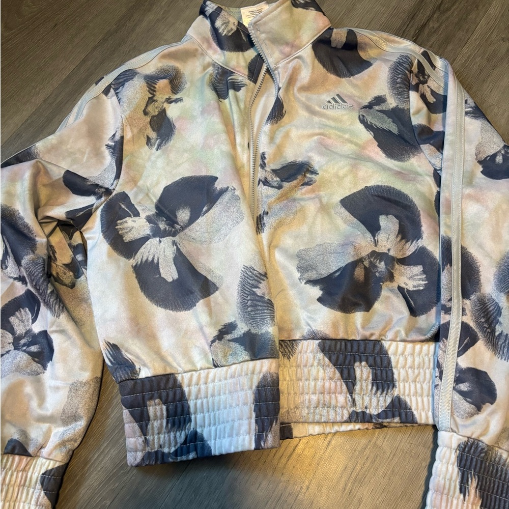 Adidas Kids Bomber Jacket - Black and Cream Floral Design